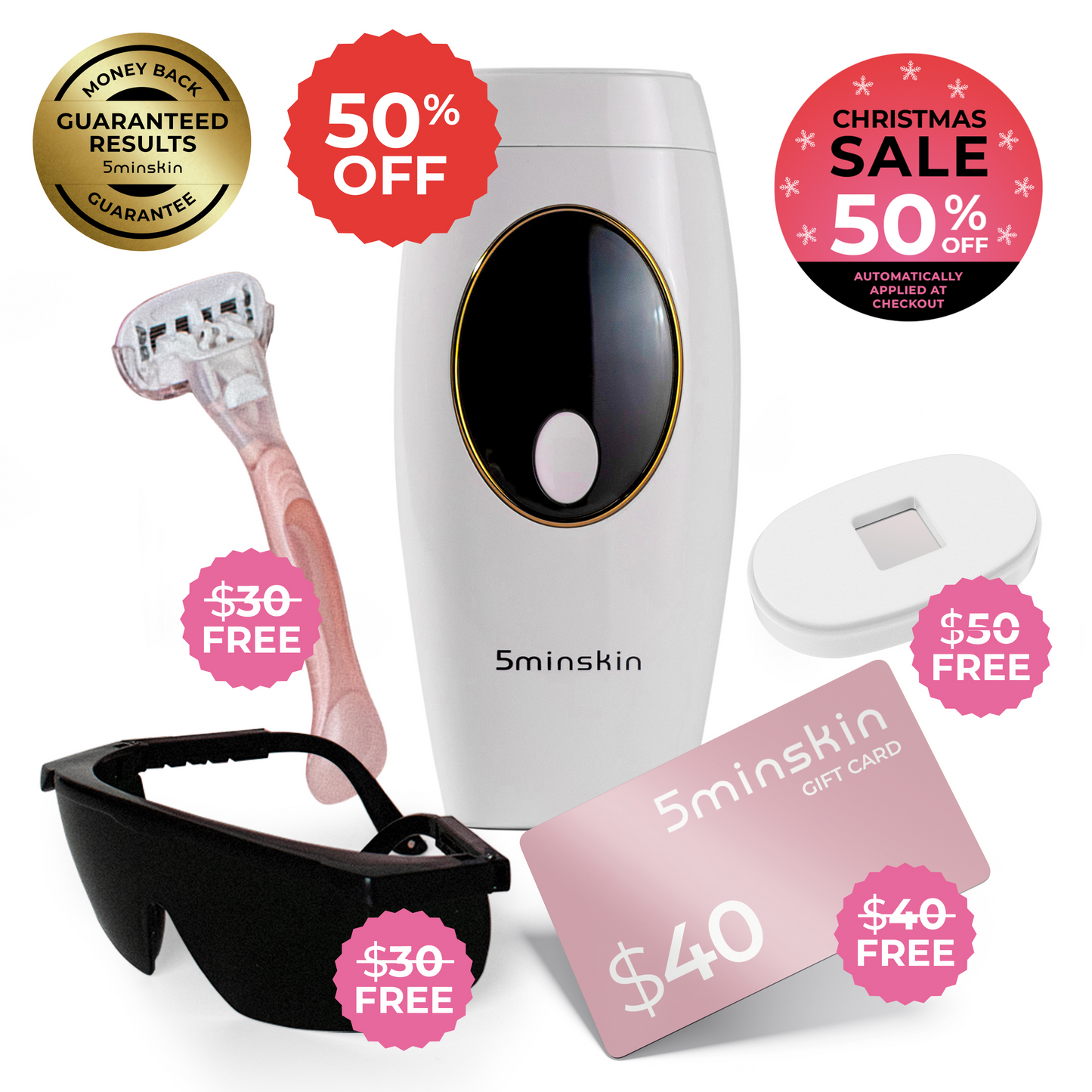 5MINSKIN AT-HOME LASER HAIR REMOVAL HANDSET - 50% OFF CHRISTMAS SALE + 4 FREE GIFTS (WORTH $150)